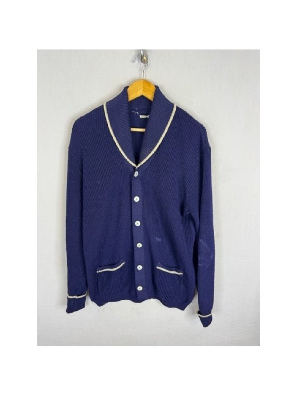 Vintage 50s The Matt Baldwin Curler Navy Shawl Collar Knit Cardigan Sweater L